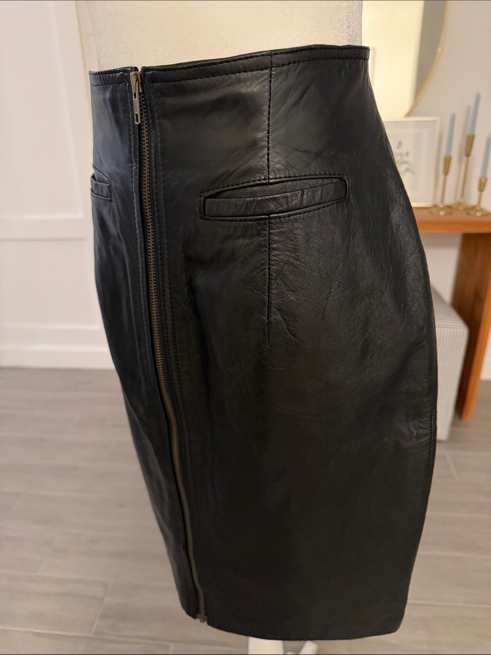 Vintage Black Leather Pencil Skirt 90s Minimalist Model Off Duty Y2K - Picture 5 of 14